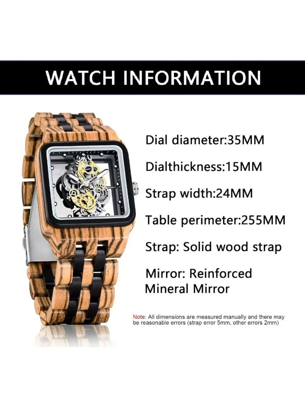 Men's Brown Square Skeleton Buckle Analog Quartz Classic Walking Wooden Watch